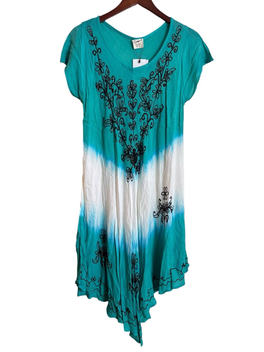 NEW Exist Free Size Teal & White Tie Dye Beach Boho Dress Asymmetric Hemline NWT